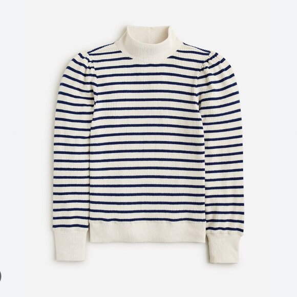 J. Crew Brushed Rib Puff-Sleeve Mock Neck Breton Stripe Nautical Sweater Size L - Picture 1 of 6